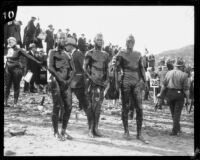 Swimmers on the shore before the start of the Wrigley Ocean Marathon at Isthmus Cove, Santa Catalina Island, 1927