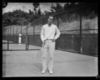 Harold Godshall standing with tennis racket, Midwick Country Club, Alhambra, 1925