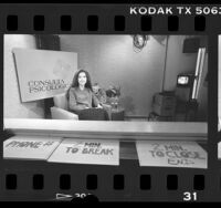 Cynthia Jimenez-Telles on set of KSCI's "Consulta Psicologica" television program in Calif., 1986