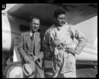 Captain C.B.D. Collyer and Harry Tucker with their monoplane Yankee Doodle, Los Angeles, 1928