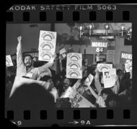 Crowd waving "Jesse Jackson for President" and "Mondale 84" placards in San Jose, Calif., 1984