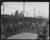 California National Guard members at train station, Los Angeles, circa 1920-1933