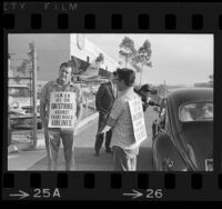 Striking International Association of Machinists, picketing Trans World Airline hangar in Los Angeles, Calif., 1966