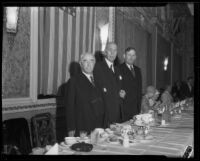 Charles C. Chapman, Samuel M. Shortridge, and John R. Quinn posing at banquet, Los Angeles, 1932