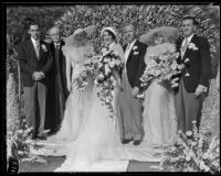 Actress Carmelita Geraghty and screenwriter Carey Wilson, along with their wedding party, including actress Jean Harlow, Beverly Hills, 1934