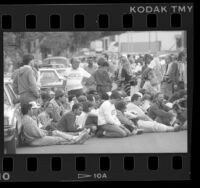 Operation Rescue protestors blocking street in front of clinic in Long Beach, Calif., 1989