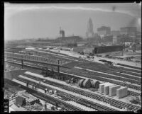 Workers lay tracks at new Union Station terminal, Los Angeles, 1938