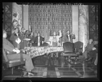 Actors recreating first meeting of Los Angeles City Council for centennial celebration, 1948