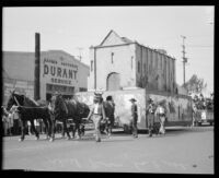 San Gabriel Mission depicted on a float at La Fiesta de Los Angeles parade, Los Angeles, 1931