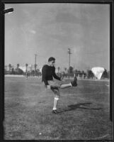 California Institute of Technology halfback Don Rooke kicking football, Pasadena, 1933