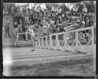 Hurdlers run a race at the Occidental College and Pomona College dual track meet, Eagle Rock (Los Angeles), 1932