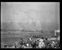 Formation flying during U.S. Army maneuvers airshow at United Airport in Burbank, 1930