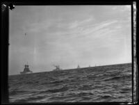 Eight U.S. Navy battleships, probably the Pacific Fleet, in formation from the foreground to the horizon, California