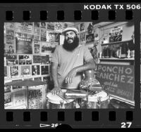 Los Angeles based musician, Poncho Sanchez in his studio, Calif., 1986