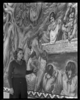 A young woman looking at the "Pastoral California" fresco by Charles Kassler at Fullerton Union High School, Fullerton, 1934