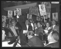 Edmund G. Brown and wife are cheered by crowd during campaign stop in Los Angeles, Calif., 1958