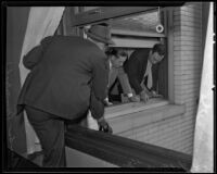 Detectives Thad Brown and George Hill and another man investigate Fred La Mar's accidental fall at the Hotel Rosslyn, Los Angeles, 1935