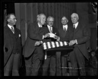 Stanford president David Starr Jordan on stage at an award ceremony at the Biltmore Hotel, Los Angeles, 1925