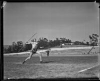 Olympic Club track athlete throwing a javelin, Los Angeles, 1932