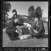 Kenneth Hahn and Bennett T. Gale unveil natural history landmark plaque at Rancho La Brea fossil area, Calif., 1964