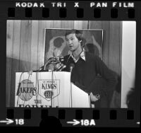 Basketball player, Jerry West holding press conference announcing his retirement in Los Angeles, Calif., 1974