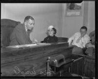 Lois Wright, witness in Mary Emma James murder case, on witness stand, Los Angeles, 1935