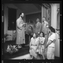 Reverend Kriyananda lectures on teachings of Paramahansa Yogananda at a Los Angeles Self-Realization Fellowship meeting in 1960