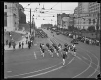 Parade with State Motorcycle Officers on W. 1st St and Spring St, Los Angeles, 1934