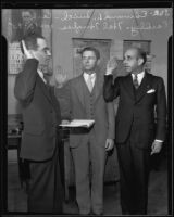 Edmund L. Smith swears in Carl Eardley and Hal Hughes as U.S. Attorneys, 1935