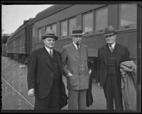 Charles G. Dawes with Harold Remington and Scott F. Ennis at a train station, Los Angeles, 1935