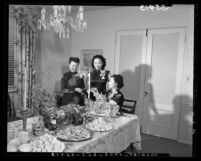 Shih-Ying Chang and president of Chinese Women's Club at Chinese New Year celebration in Los Angeles, Calif., 1949