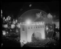 Night time view towards the Arco del Porvenir at the California Pacific International Exposition, San Diego, 1935-1936