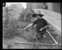 Muriel MacCormac kneels in the garden, Los Angeles, 1926