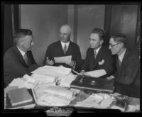 Attorneys L. W. Hammer, Roland Woolley and Arthur Veitch speak with Judge J. A. Bardin, 1929