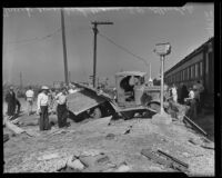 Totaled truck at train collision site, Glendale, 1935