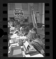 Los Angeles' Occidental College students with typewriters collecting letters to U.S. President Richard Nixon, 1970