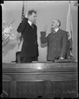 Judges Edward Bishop and Ben B. Lindsey at swearing in ceremony, [1930s?]