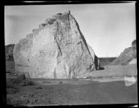 Concrete dam debris in the path of the flood following the failure of the Saint Francis Dam, San Francisquito Canyon (Calif.), 1928