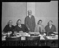 John R. Quinn with four other men at a luncheon, Los Angeles, 1930-1936