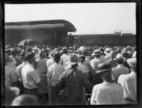 Crown Prince Gustav Adolf and Crown Princess Louise of Sweden leaving Natural History Museum on train, Los Angeles, 1926