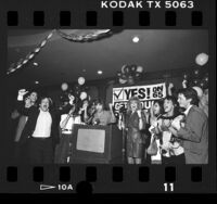 Jane Fonda, Morgan Fairchild and Michael J. Fox at Proposition 65 rally, Calif., 1986