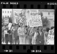 Rent control proponents demonstrating outside mayor's residence in Los Angeles, Calif., 1982