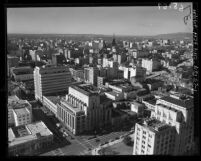 Cityscape seen from top of city hall tower looking south in Los Angeles, Calif., 1950