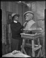 Sculptor Arnold Foerster working on a bust sculpture of Richard Wagner, Glendale, 1933