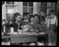 Edith Yeomans and seven boys at the Lark Ellen Home for Boys, Sawtelle (Los Angeles), 1924