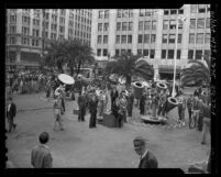 Listening post and air raid lights positioned in Pershing Square, Los Angeles, 1941