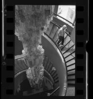 Installation of giant chandelier at Shubert Theatre, Los Angeles, Calif., 1972