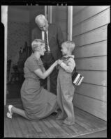 Gary Webb being escorted to his first day of school by his mother, Lillian Webb, and his great-grandfather, J.A. Myers, Los Angeles, 1935