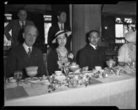 Prince and Princess Kaya of Japan with Rufus B. von Kleinsmid at a Los Angeles Breakfast Club event at the Ambassador Hotel, Los Angeles, 1934