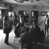 People eat lunch at one West Hollywood Presbyterian Church's free "feed-ins," 1969